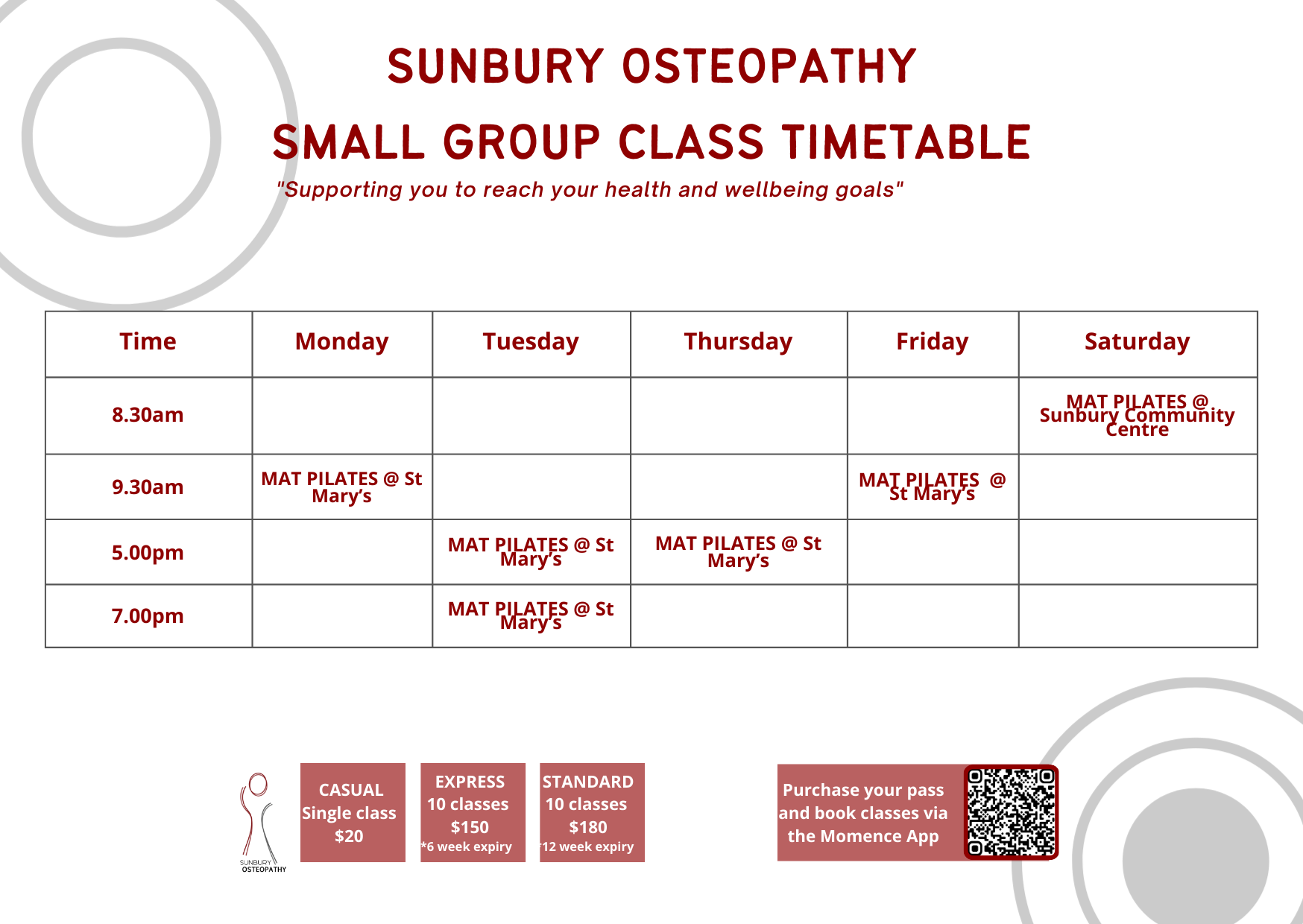 Sunbury Osteopathy Group Class timetable Feb 2026